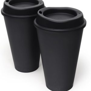 USA Made 16 oz Reusable Coffee Cups with Lids 2 Pk, To Go Travel Cups, Hot or Cold Drinks, Dishwasher and Microwave Safe, Black