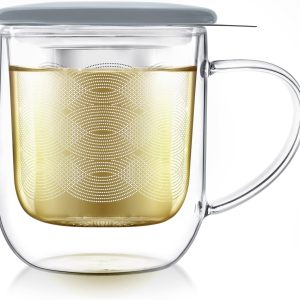 Tea-For-One Steeping Mug – Insulated Double Wall Glass Mug (12 oz), Stainless Steel Infuser, Porcelain Lid/Coaster – Great For Brewing Loose Leaf Tea